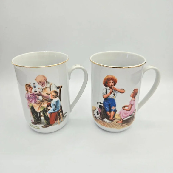 Mugs Norman Rockwell vintage Museum Porcelain Coffee Tea Cups Mugs 1982 Set - Picture 10 of 11